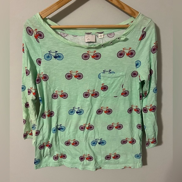 Vintage Anthropologie Postmark Mint Green Bicycle Print Banter Tee Size Medium - Picture 2 of 8